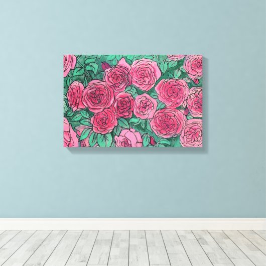 Rozen, Rozen bloemen, tuinbouwschets Canvas Afdruk (Insitu (Houten vloer))