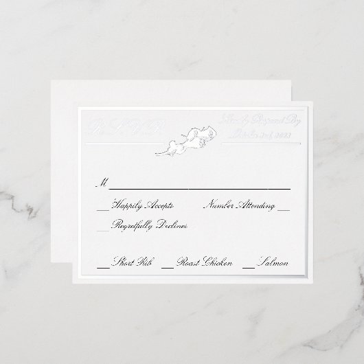 Rozen, RSVP-zilver met witte bruiloft Folie Uitnodiging Briefkaart (Voorkant / Achterkant)