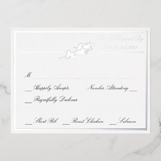 Rozen, RSVP-zilver met witte bruiloft Folie Uitnodiging Briefkaart (Voorkant)