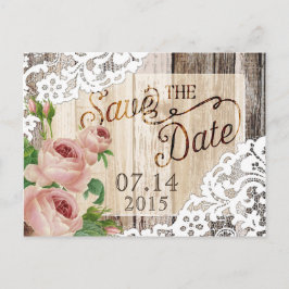 Rozen Rustieke houten planken en kant Save the Dat Aankondigingskaart