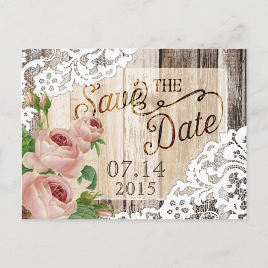 Rozen Rustieke houten planken en kant Save the Dat Aankondigingskaart (Voorkant)