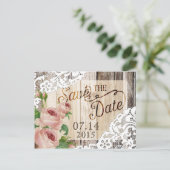 Rozen Rustieke houten planken en kant Save the Dat Aankondigingskaart (Staand voorkant)