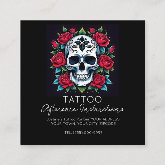 Rozen schedel tattoo Nazorg Instructies Stijlvol Vierkante Visitekaartje (Voorkant)