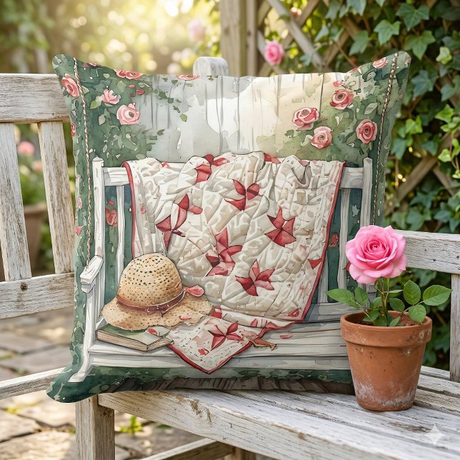  Rozen schommel met Quilt Charm Kussen (Vintage Rose Swing with Quilt Charm Throw Pillow Mockup A)