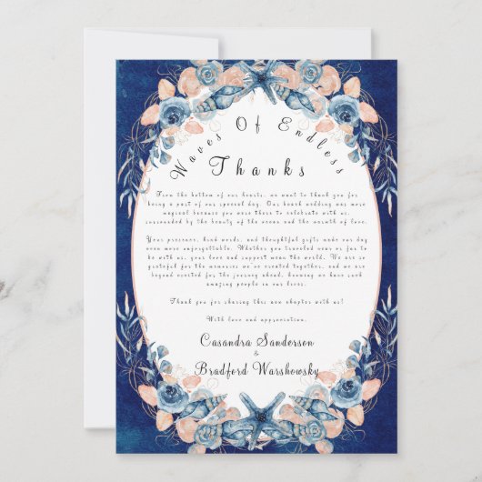 Rozen Shell Waterverf Chic Beach Navy Wedding Bedankkaart (Voorkant)