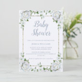 Rozen & Silver Glitter Border Floral Baby shower Kaart (Staand voorkant)