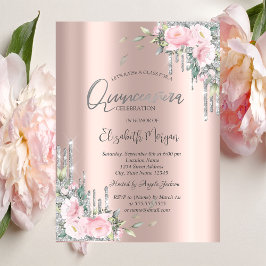 Rozen, Silver Glitter Drift Roos Gold Quinceañera Kaart