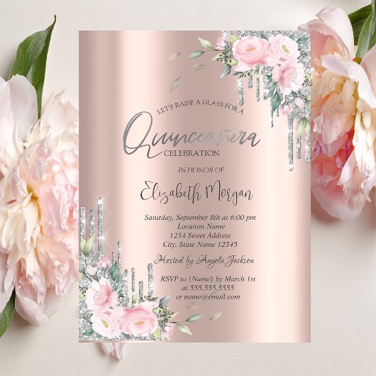 Rozen, Silver Glitter Drift Roos Gold Quinceañera Kaart