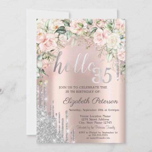Rozen Silver Glitter Drips Roos Gold 35e Verjaarda Kaart (Voorkant)