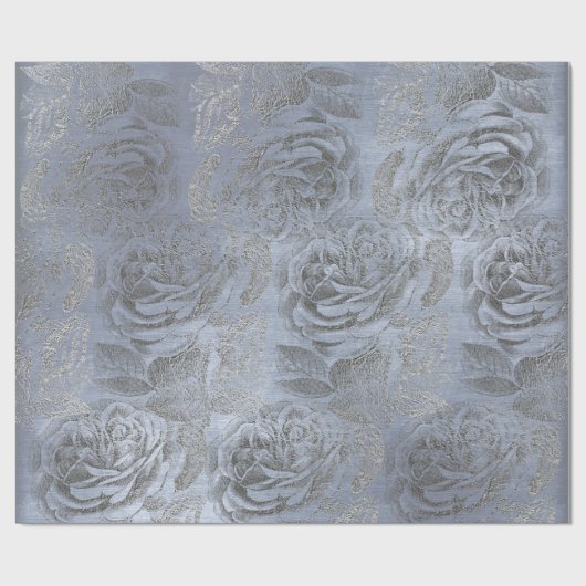Rozen Silver Grey Floral Blue Pastel Velvet Cadeaupapier (Vlak)