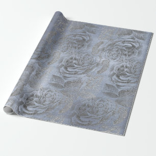Rozen Silver Grey Floral Blue Pastel Velvet Cadeaupapier