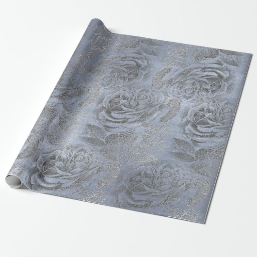Rozen Silver Grey Floral Blue Pastel Velvet Cadeaupapier (Uitgerold)
