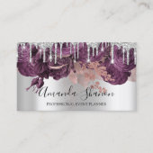 Rozen Silver Grey Glitter Drip Logo Event Planner Visitekaartje (Voorkant)
