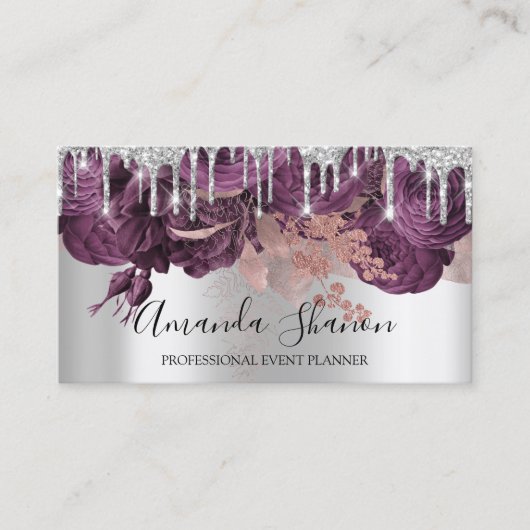 Rozen Silver Grey Glitter Drip Logo Event Planner Visitekaartje (Voorkant)
