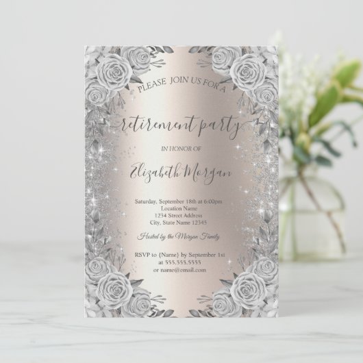 Rozen Silver Sparkle Diamonds Ivoor Pensioen Kaart (Staand voorkant)