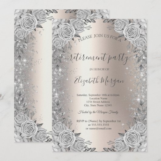 Rozen Silver Sparkle Diamonds Ivoor Pensioen Kaart (Voorkant / Achterkant)