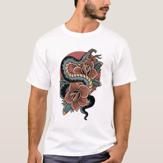 Rozen Snake oude-stijl tattoo ontwerp T-shirt
