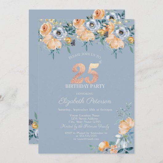 Rozen String Lights Dusty Blue 25th Verjaardag Kaart (Voorkant / Achterkant)