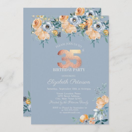 Rozen String Lights Dusty Blue 35th Verjaardag Kaart (Voorkant / Achterkant)