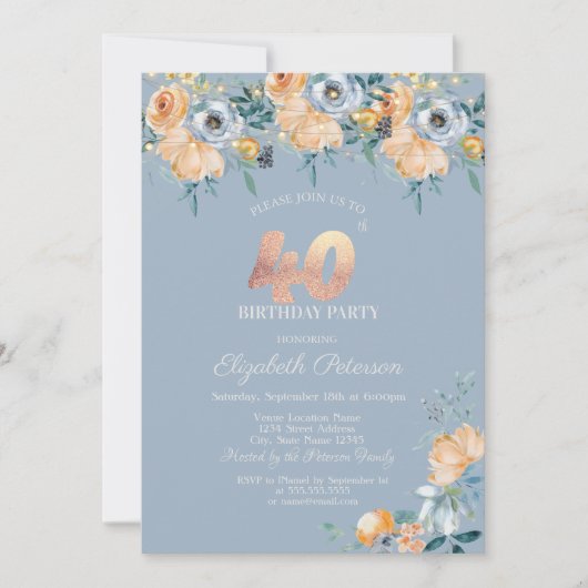 Rozen String Lights Dusty Blue 40th Verjaardag Kaart (Voorkant)