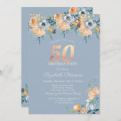 Rozen String Lights Dusty Blue 50th Verjaardag Kaart (Voorkant / Achterkant)