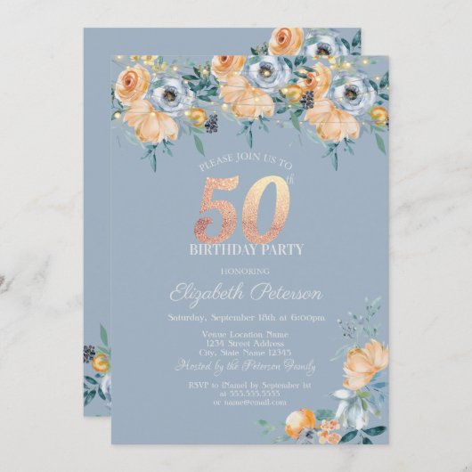 Rozen String Lights Dusty Blue 50th Verjaardag Kaart (Voorkant / Achterkant)