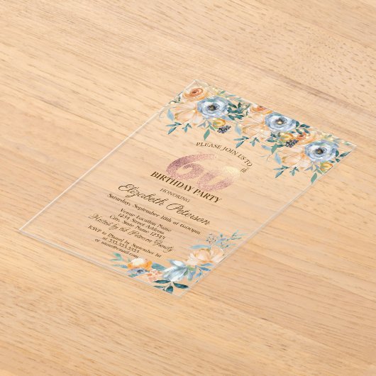 Rozen String Lights Dusty Blue 60th Verjaardag Acryl Uitnodigingen (Laagn)