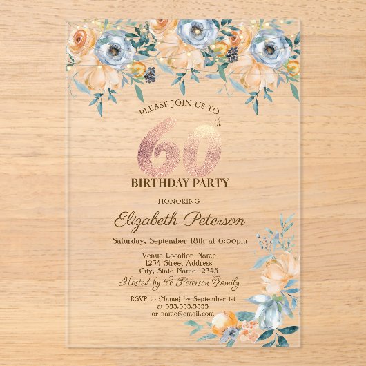 Rozen String Lights Dusty Blue 60th Verjaardag Acryl Uitnodigingen (Voorkant)