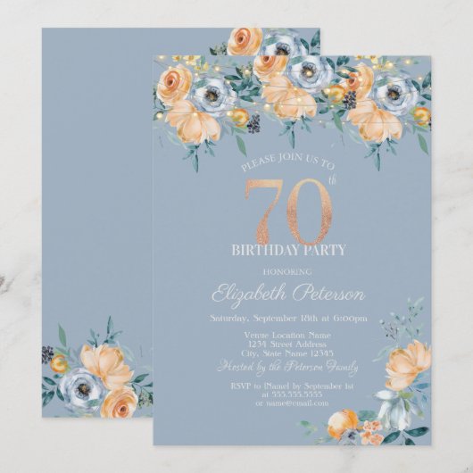 Rozen String Lights Dusty Blue 70th Verjaardag Kaart (Voorkant / Achterkant)