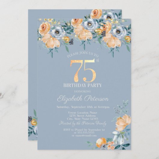 Rozen String Lights Dusty Blue 75th Verjaardag Kaart (Voorkant / Achterkant)