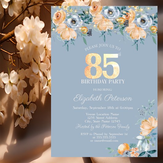 Rozen String Lights Dusty Blue 85th Verjaardag Kaart