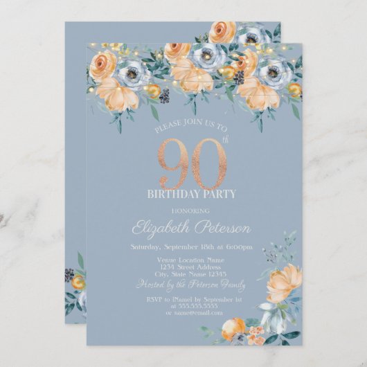 Rozen String Lights Dusty Blue 90th Verjaardag Kaart (Voorkant / Achterkant)