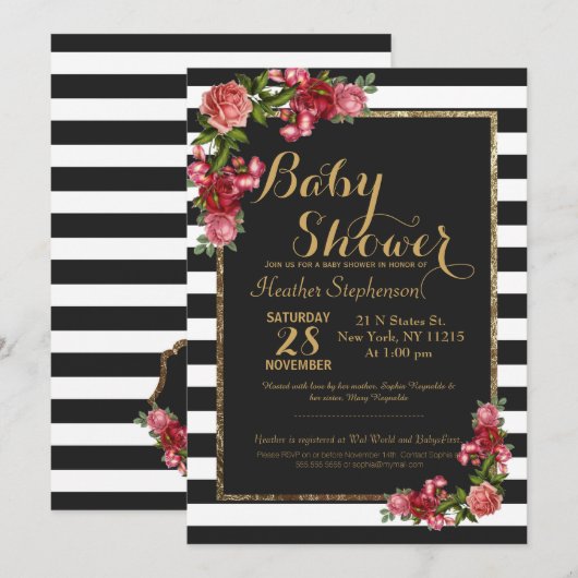 Rozen Stripes en Gold Baby Shower-uitvindingen Kaart (Voorkant / Achterkant)