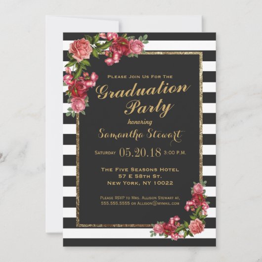 Rozen Stripes en Gold Graduation Party Invitation Kaart (Voorkant)