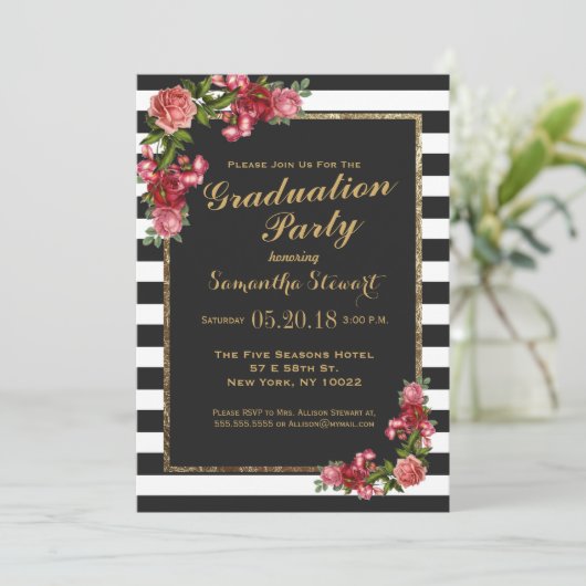 Rozen Stripes en Gold Graduation Party Invitation Kaart (Staand voorkant)