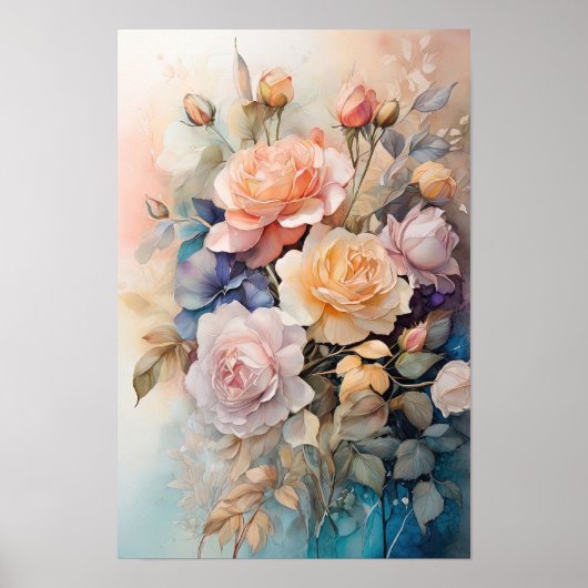 Rozen Symphony - Waterverf Flowers - Bloemenkunst Poster (Voorkant)