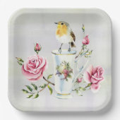 Rozen Tea Cup en Bird Papieren Bordje (Voorkant)