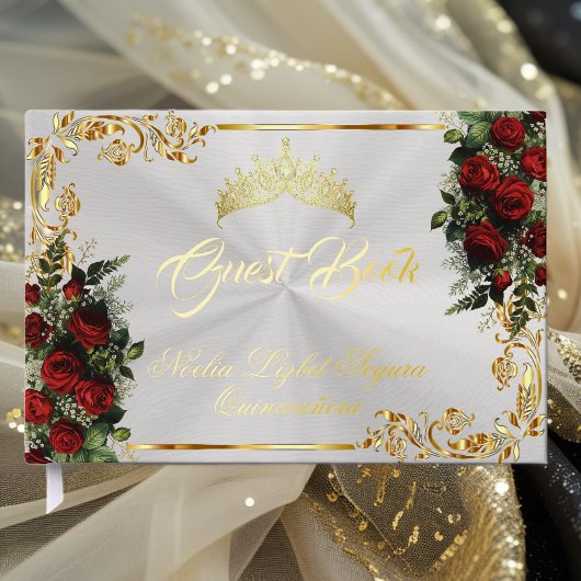 Rozen, Tiara & Gouden Bladeren - Parelwit Gastenboek