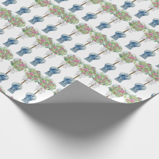Rozen Topiary Blue en White Ginger Jar Cadeaupapier (Hoek)