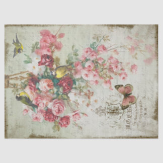 Rozen Traînantes Pink Roses & Birds Decoupage Tissuepapier