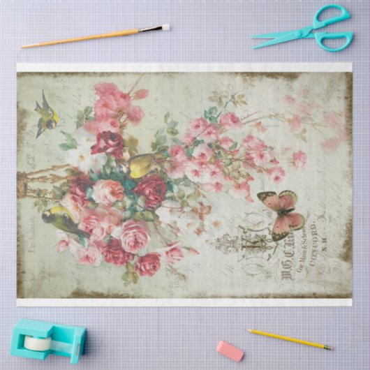 Rozen Traînantes Pink Roses & Birds Decoupage Tissuepapier (Craft)