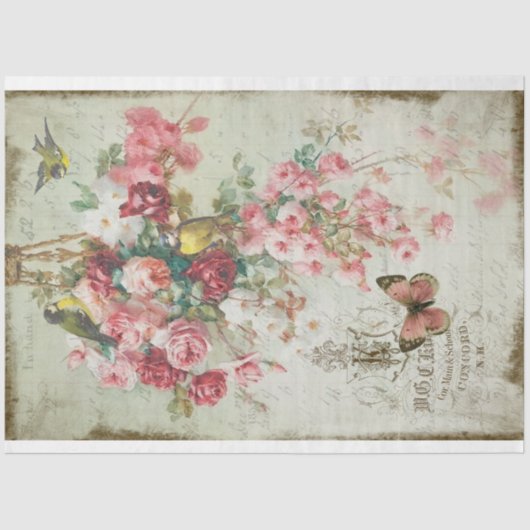 Rozen Traînantes Pink Roses & Birds Decoupage Tissuepapier (Voorkant)