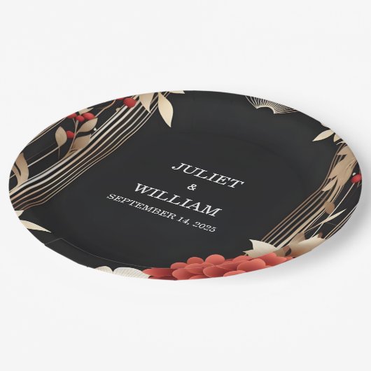 Rozen Tuin Diamond Rood Zwart En Goud Bruiloft Papieren Bordje (Gekanteld)