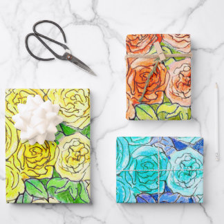 Rozen Tuinbloemen Floral Kunstgeel Rood Blauw Inpakpapier Vel