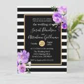 Rozen van Black and White Stripes Flowers Wedding Kaart (Staand voorkant)