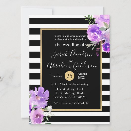 Rozen van Black and White Stripes Flowers Wedding Kaart (Voorkant)
