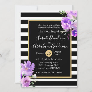 Rozen van Black and White Stripes Flowers Wedding Kaart