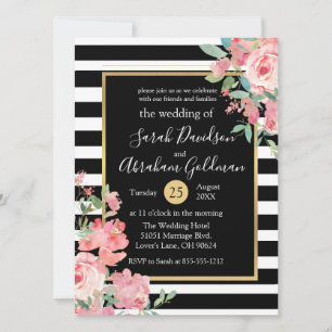 Rozen van Black and White Stripes Flowers Wedding Kaart