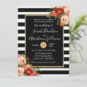 Rozen van Black and White Stripes Flowers Wedding Kaart (Staand voorkant)
