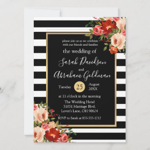 Rozen van Black and White Stripes Flowers Wedding Kaart